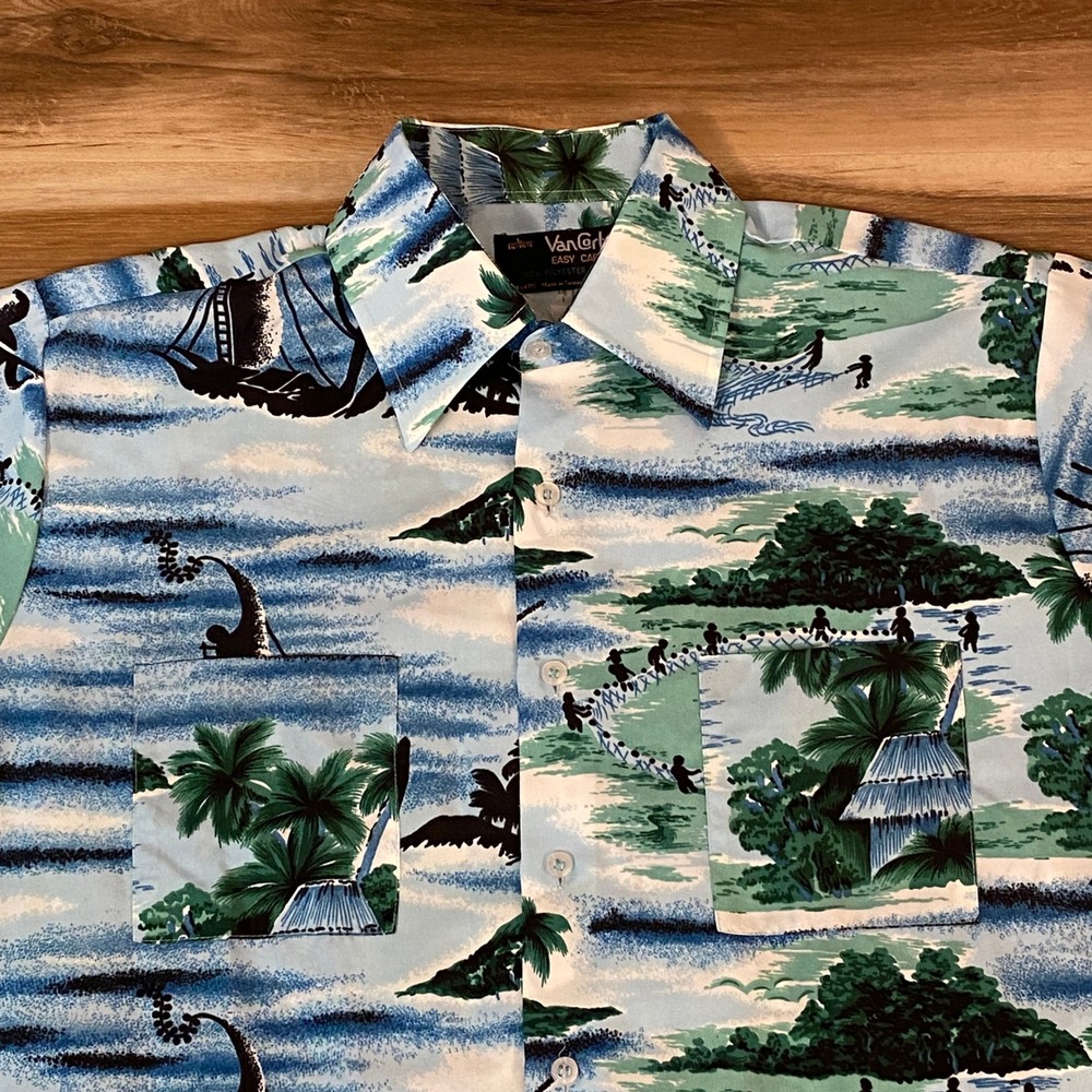 60s Van Cort Easy Care Hawaiian Shirt Adult Large Tropical Print Vacation 70s